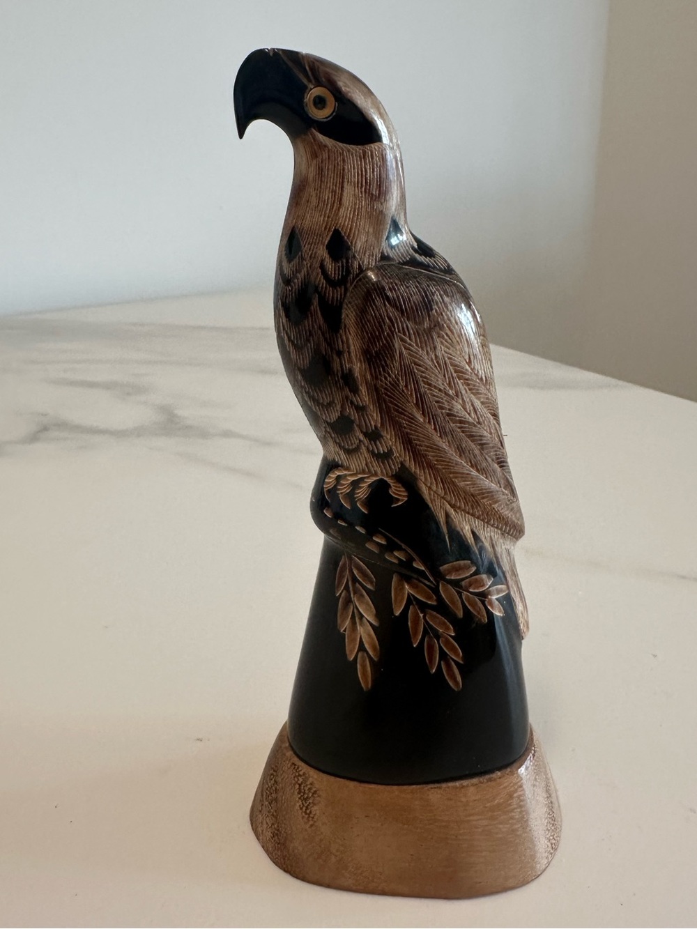 Vintage HandCarved Buffalo Horn Eagle/Hawk Sculpture on Wooden Base